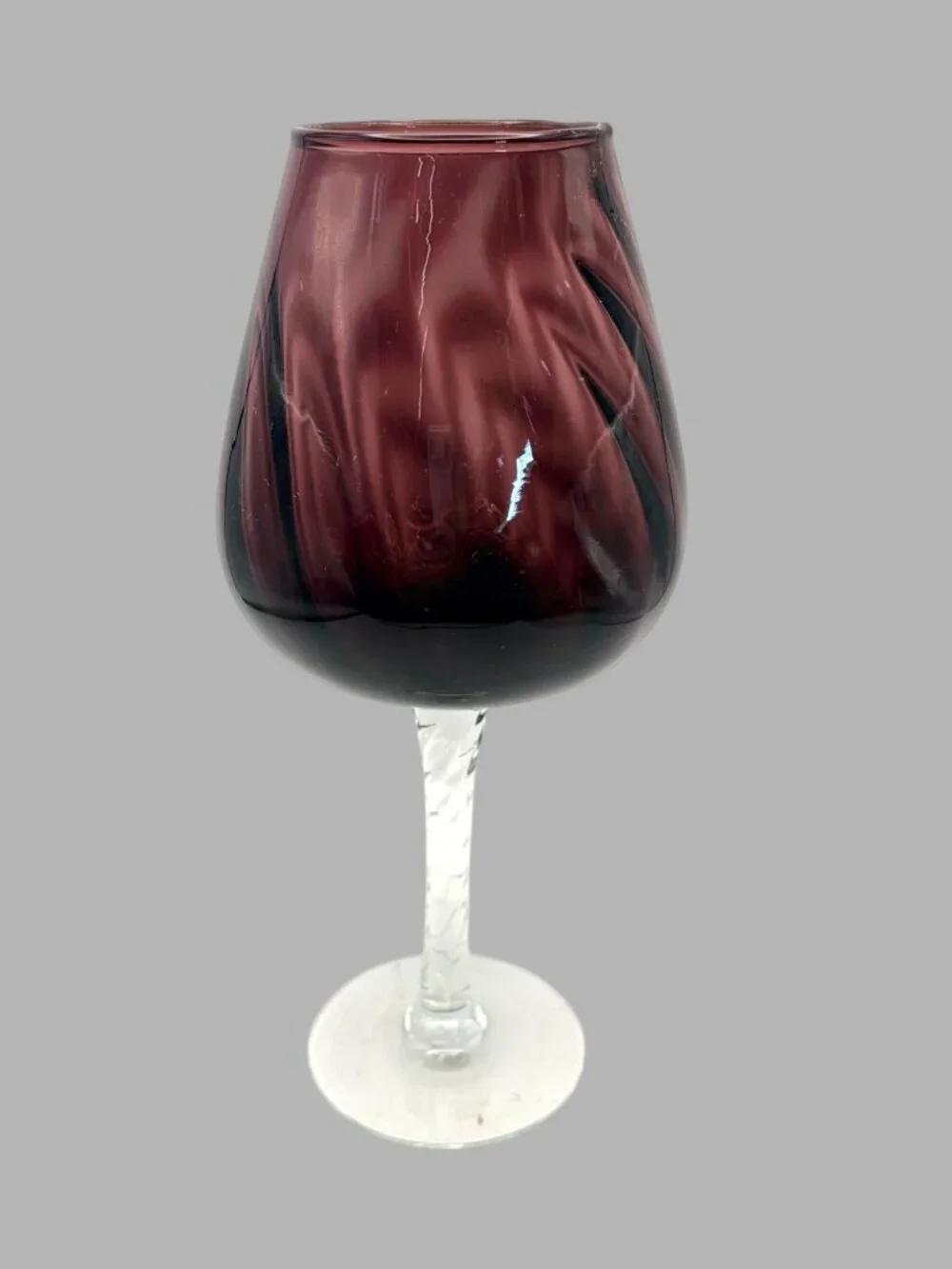 Vintage Hand Blown Amethyst Purple Glass Goblet Clear Twisted Stem 10 Inch Decor